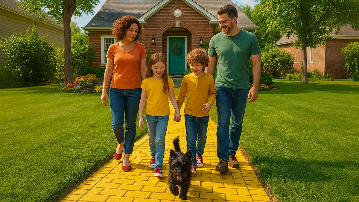 Happy family walking out of home.
