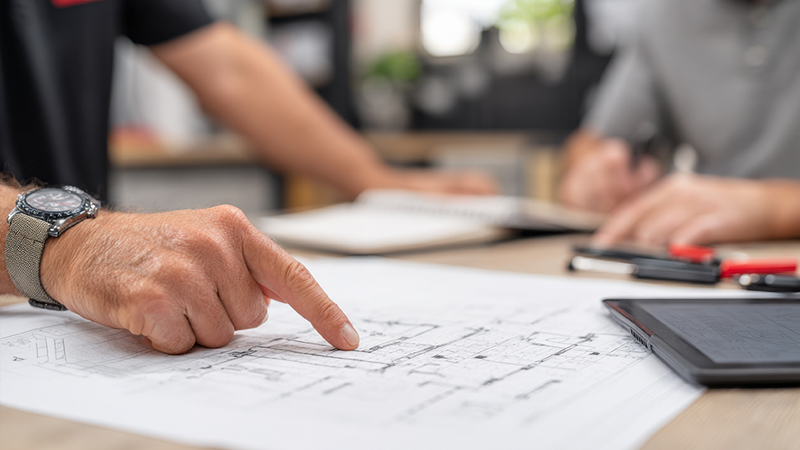 Person reviewing construction plans on a job site while discussing builders risk insurance coverage details.