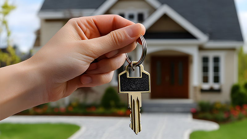 Hand holding house keys in front of a new home, representing builders risk insurance in Ontario for property projects.