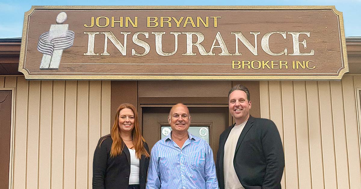 Ashley Holmes, John Bryant and Adam Hare in front of John Bryant Insurance Broker Office